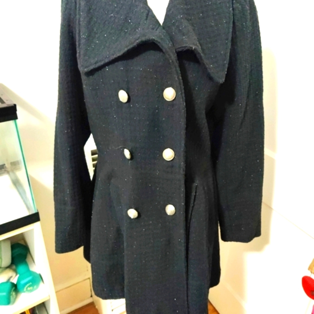 Worthington Double-breasted Black Texture Coat With Sparkle Size Large